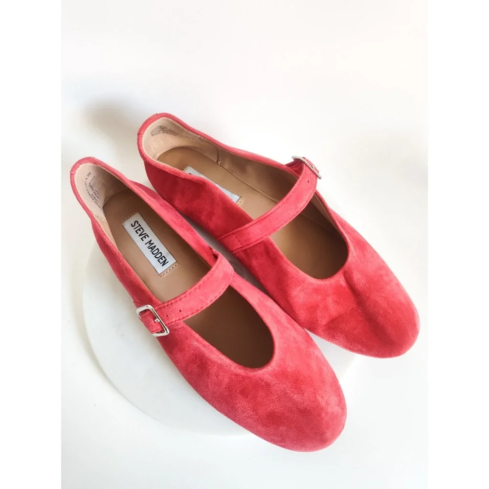 New Steve Madden Flats 6.5 Mary Jane Red Suede Dreaming Buckle Strap Academia